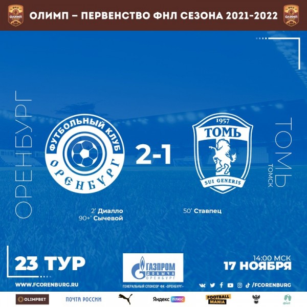 ФК &laquo;Оренбург&raquo; на последней добавленной минуте вырвал победу у &laquo;Томи&raquo;